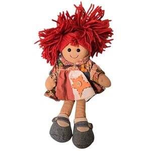 MY‎ DOLL Rag Doll Vintage 90s Red Yarn Hair Patchwork Dress Button Accent Shoes